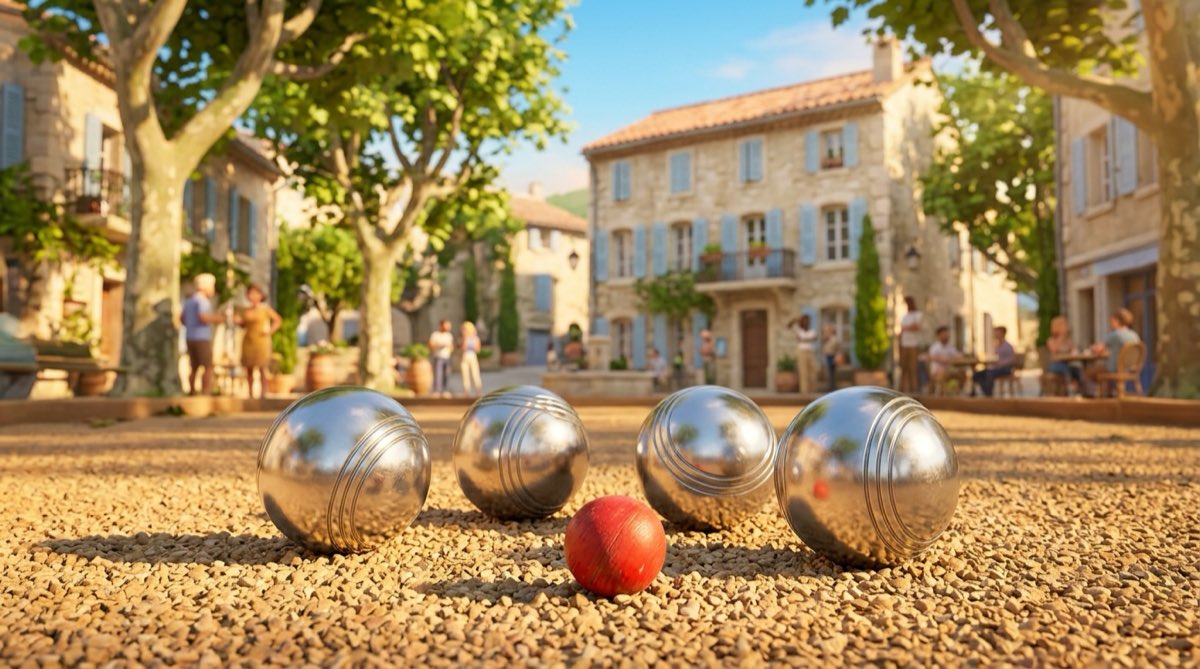 Steel boules and a red jack on the gravel of a Provençal village square